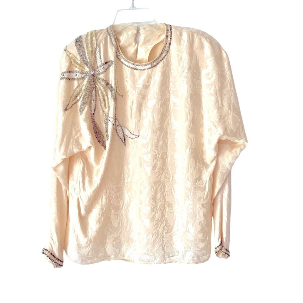 Collections Michelle Stuart Vintage Silk Cream Sequin Beaded Blouse Ivory 10 Top
